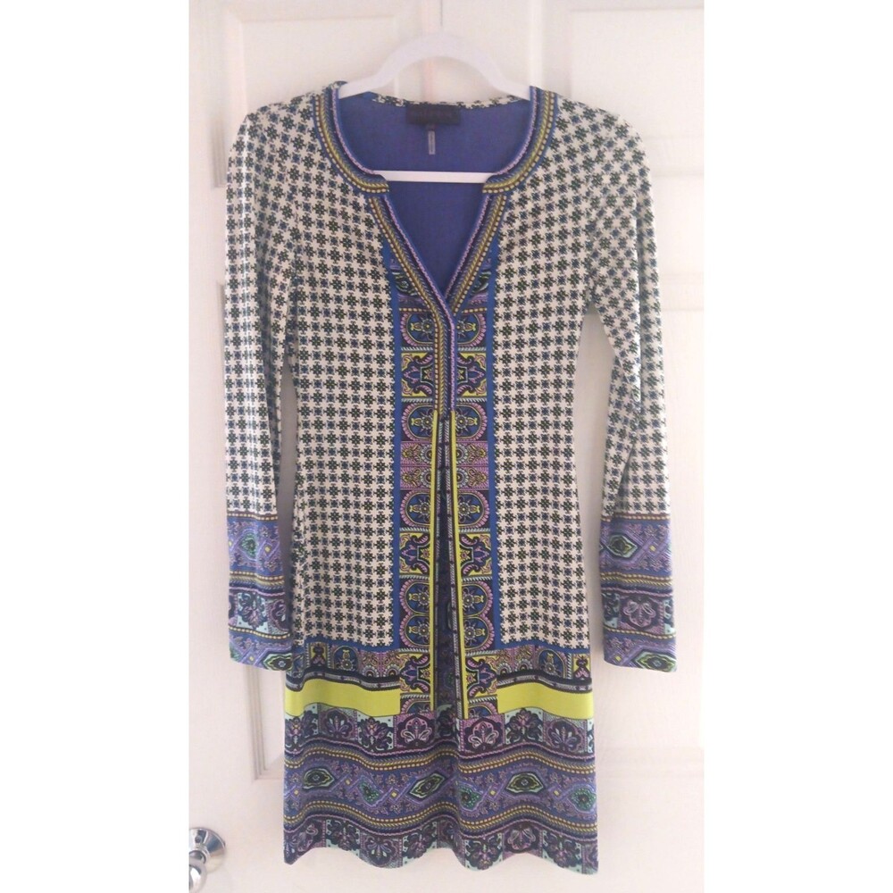 Hale Bob Dress Blue Multicolor XXS Long Sleeve Knee Length Resort Wear Florida
